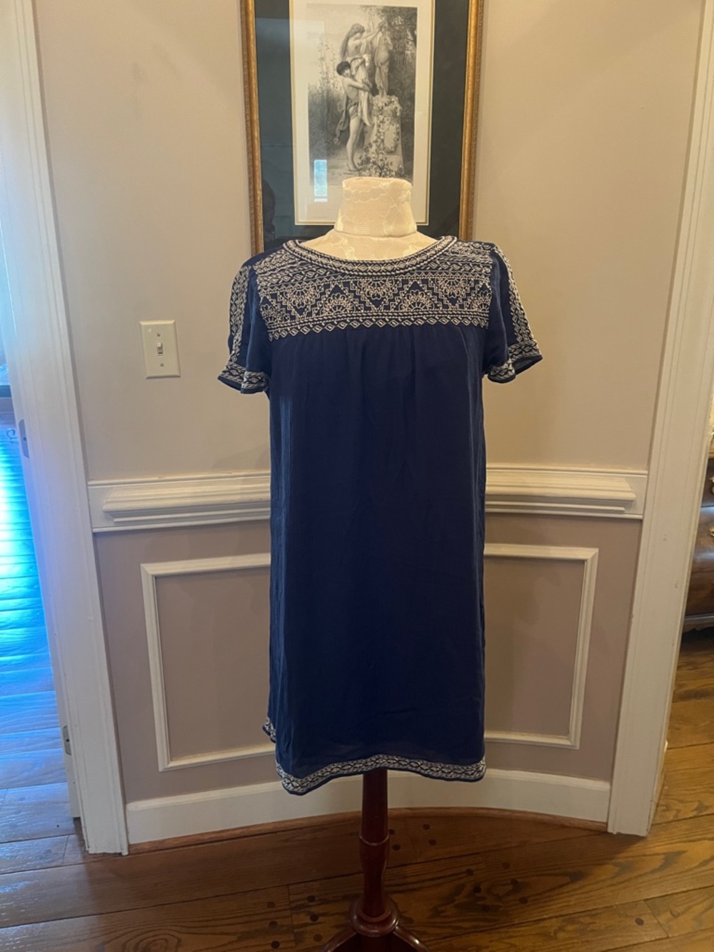 Lucky Brand Navy Short Sleeve Embroidered Shift Dress